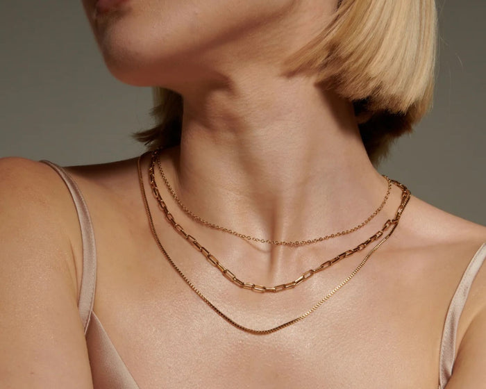 Layered necklaces and stacked bracelets styled together for an everyday jewelry layering look