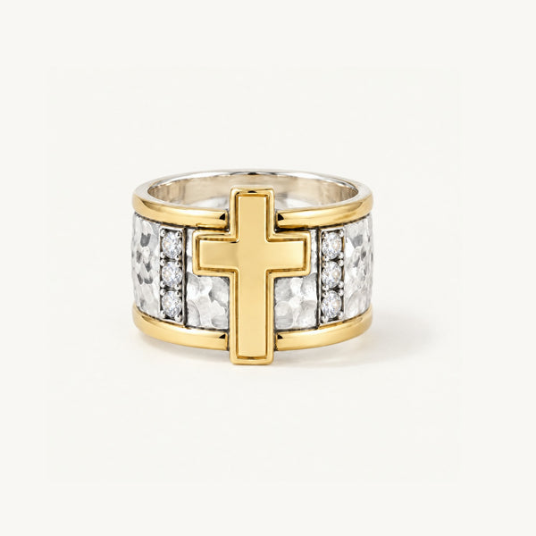 Vesper Cross Column Ring in 925 sterling silver and 14k gold filled, front view