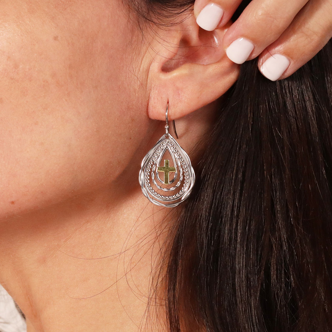 Abby Cross Earrings in sterling silver and 14k gold, close-up