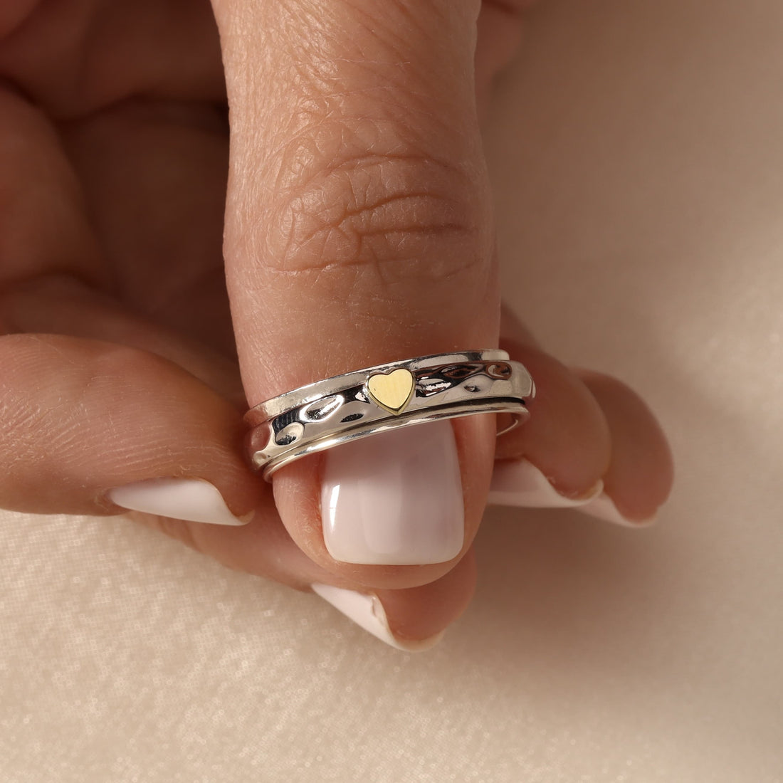 Sandria Heart Spinner Ring in sterling silver and 14k gold, view 2