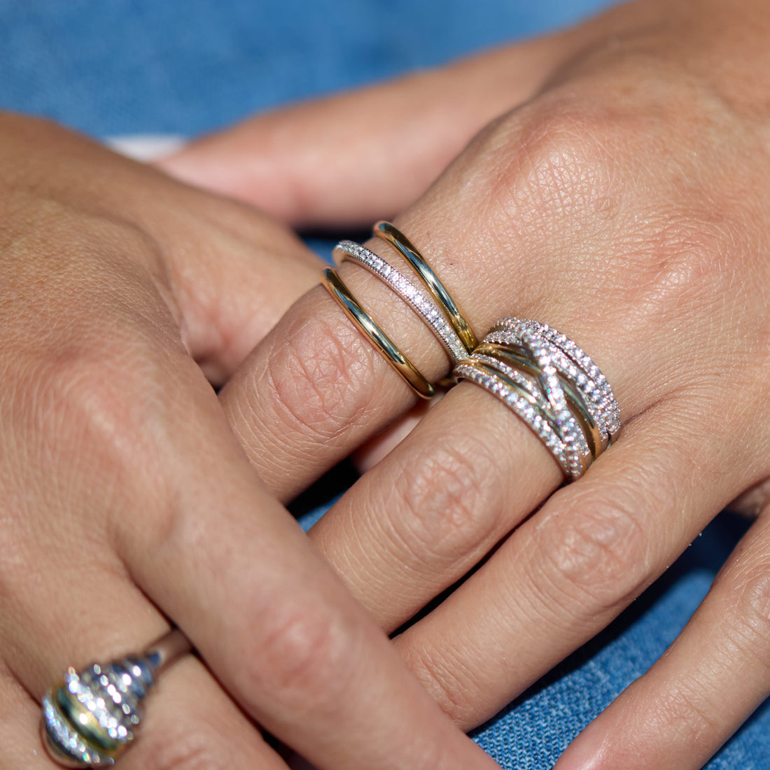 Bellanca Spinner Ring, styled with the Rochelle Gemstone Ring