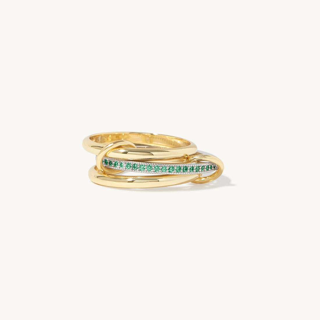 Bellanca Spinner Ring in 14k gold filled and sterling silver with emerald green stones