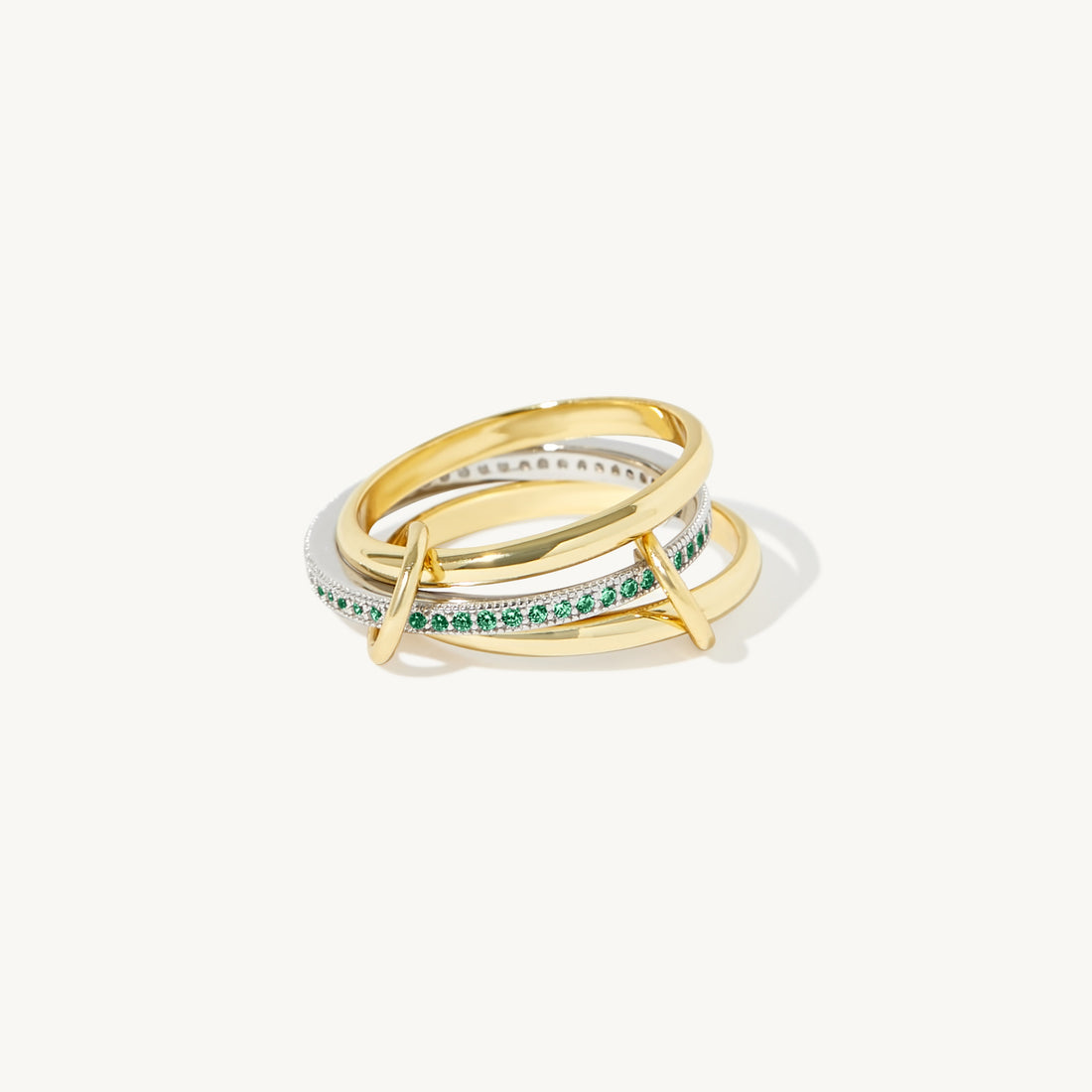 Bellanca Spinner Ring in 14k gold filled and sterling silver with emerald green stones, view 5