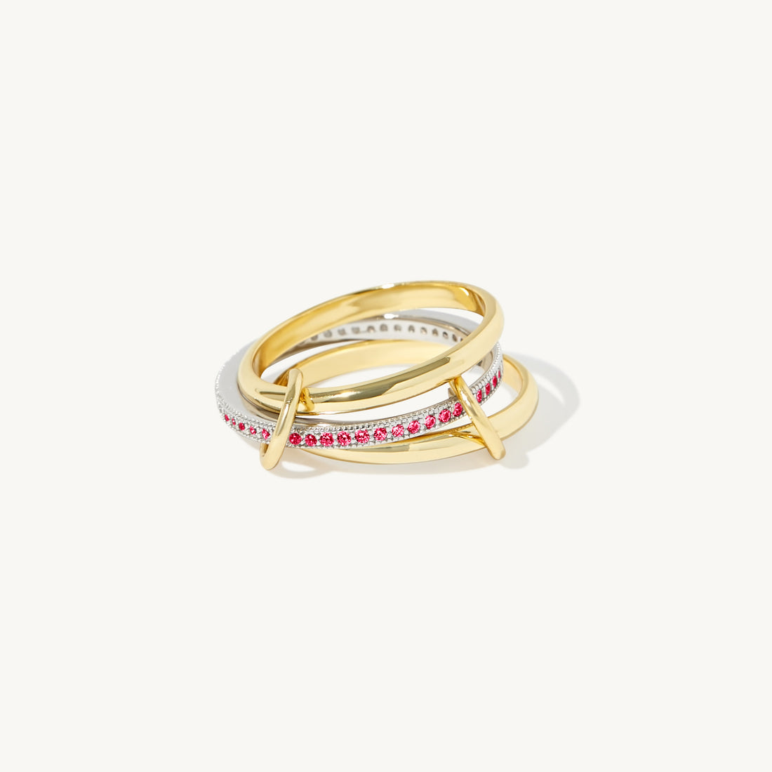 Bellanca Spinner Ring in 14k gold filled and sterling silver with ruby red stones, view 3