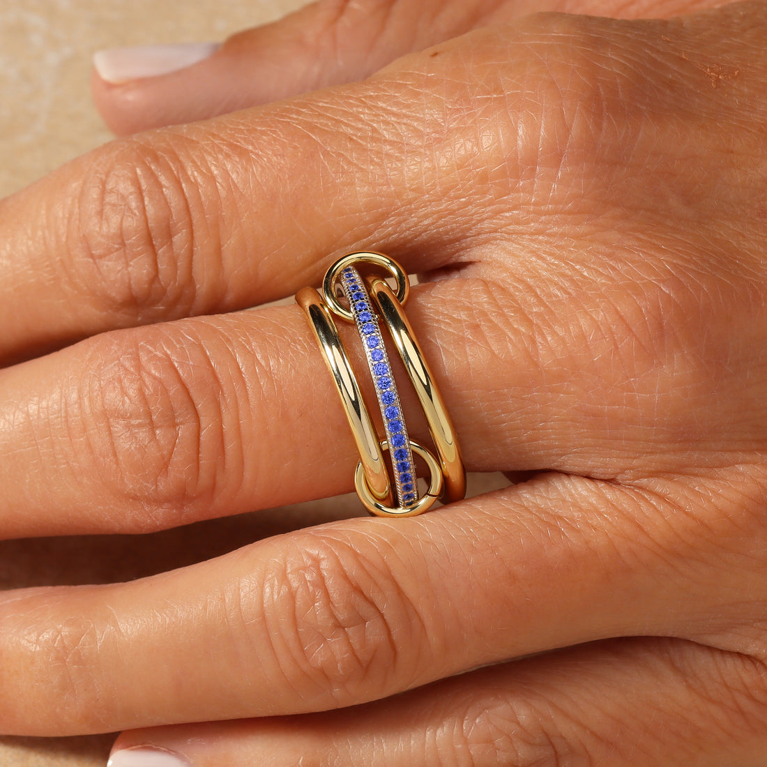 Bellanca Spinner Ring in 14k gold filled and sterling silver with sapphire blue stones, view 4