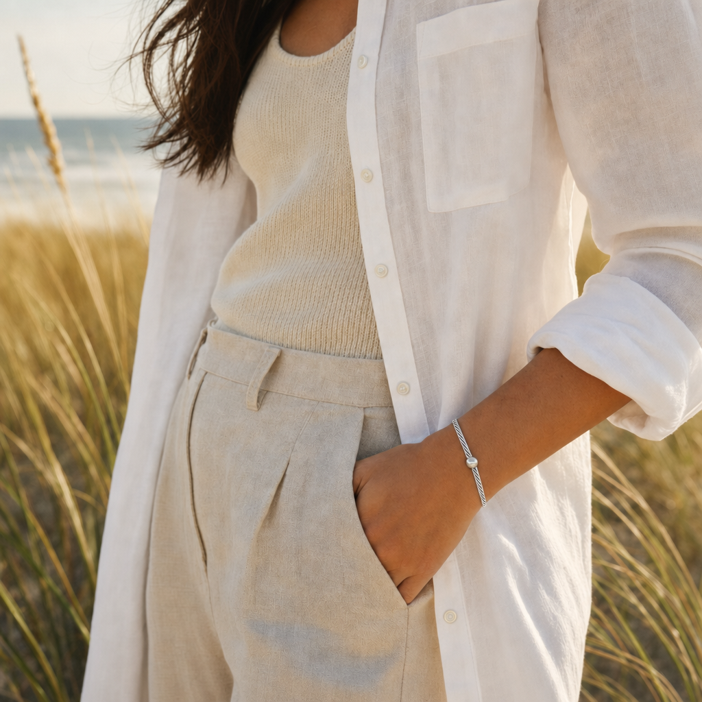 Coastal Twist Ball Bracelet in All Sterling Silver, worn by a model, Ideaure photo