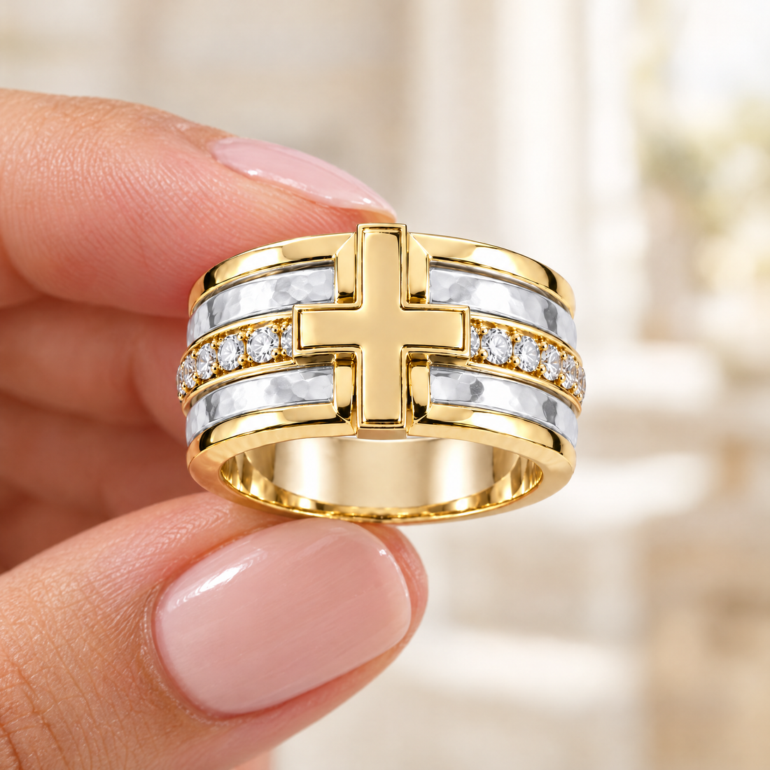 Bold Cross Pavé Band Ring held in fingertips