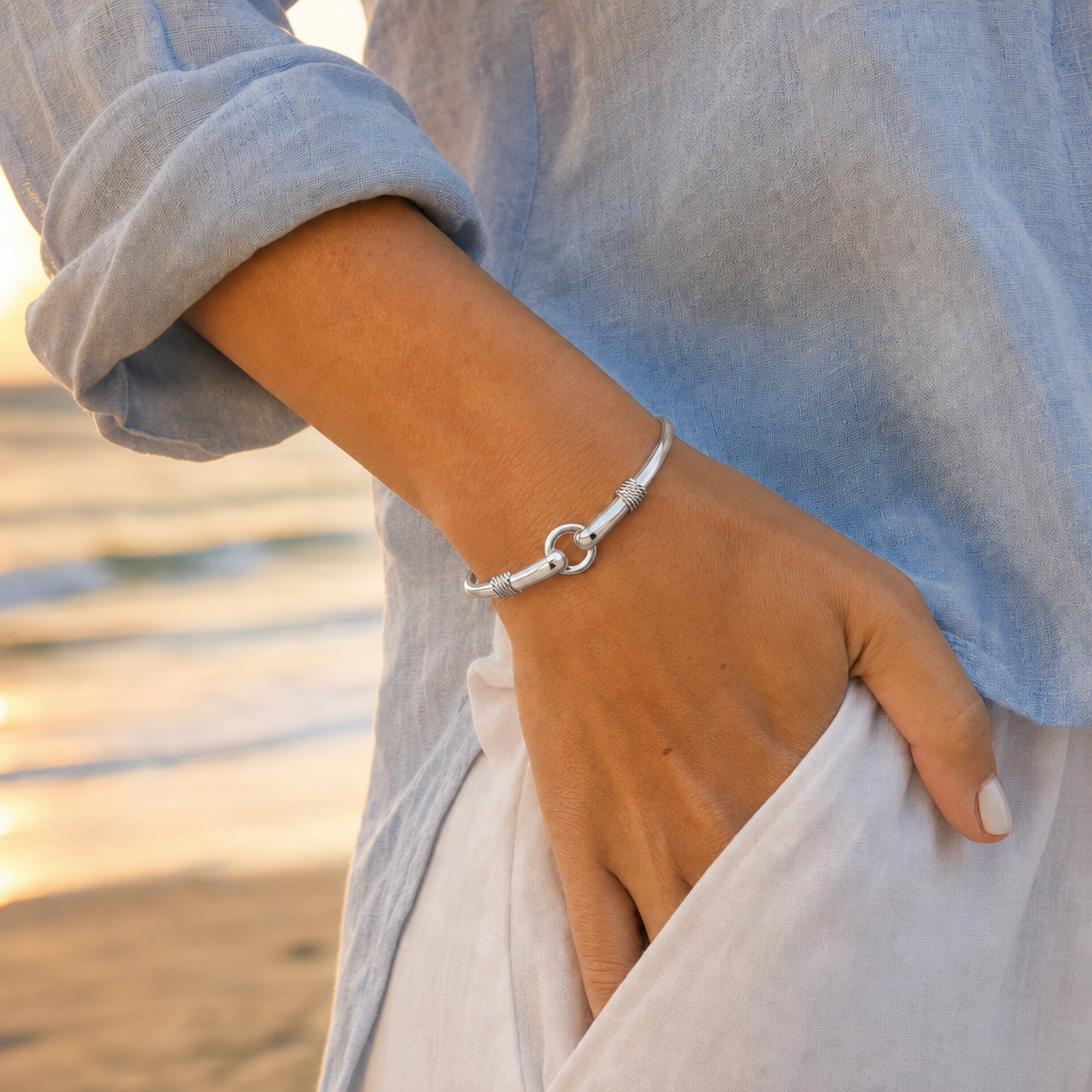 Harbor Porthole Hook Bracelet in All Sterling Silver, worn by a model, Ideaure photo