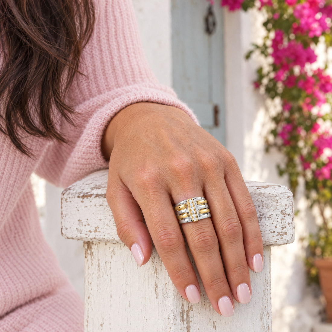Gilded Ribbed Pavé Ring worn with a soft pink ribbed knit, a whitewashed cottage doorway with pink bougainvillea