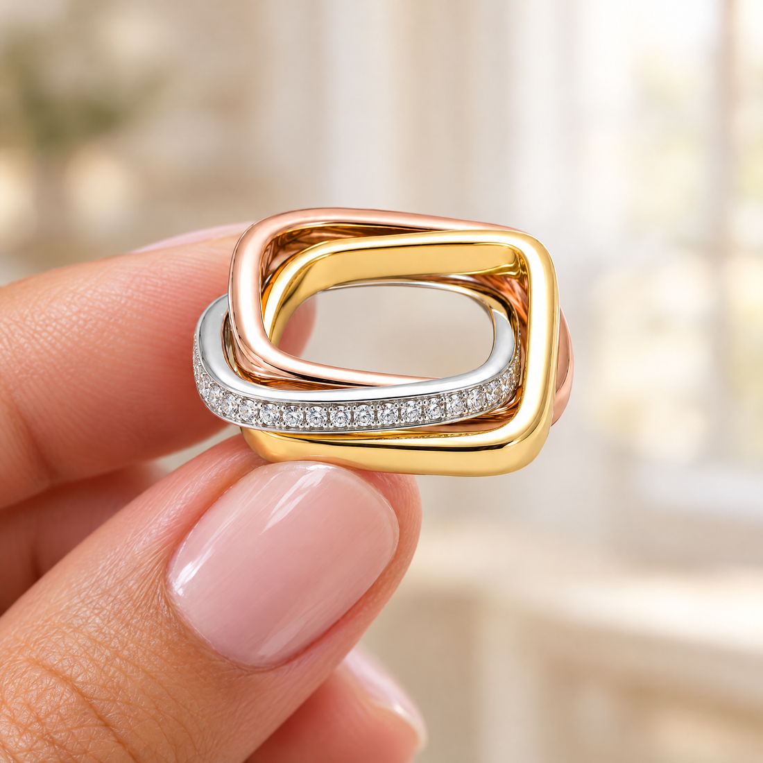 Interlocking Squares Ring held in fingertips