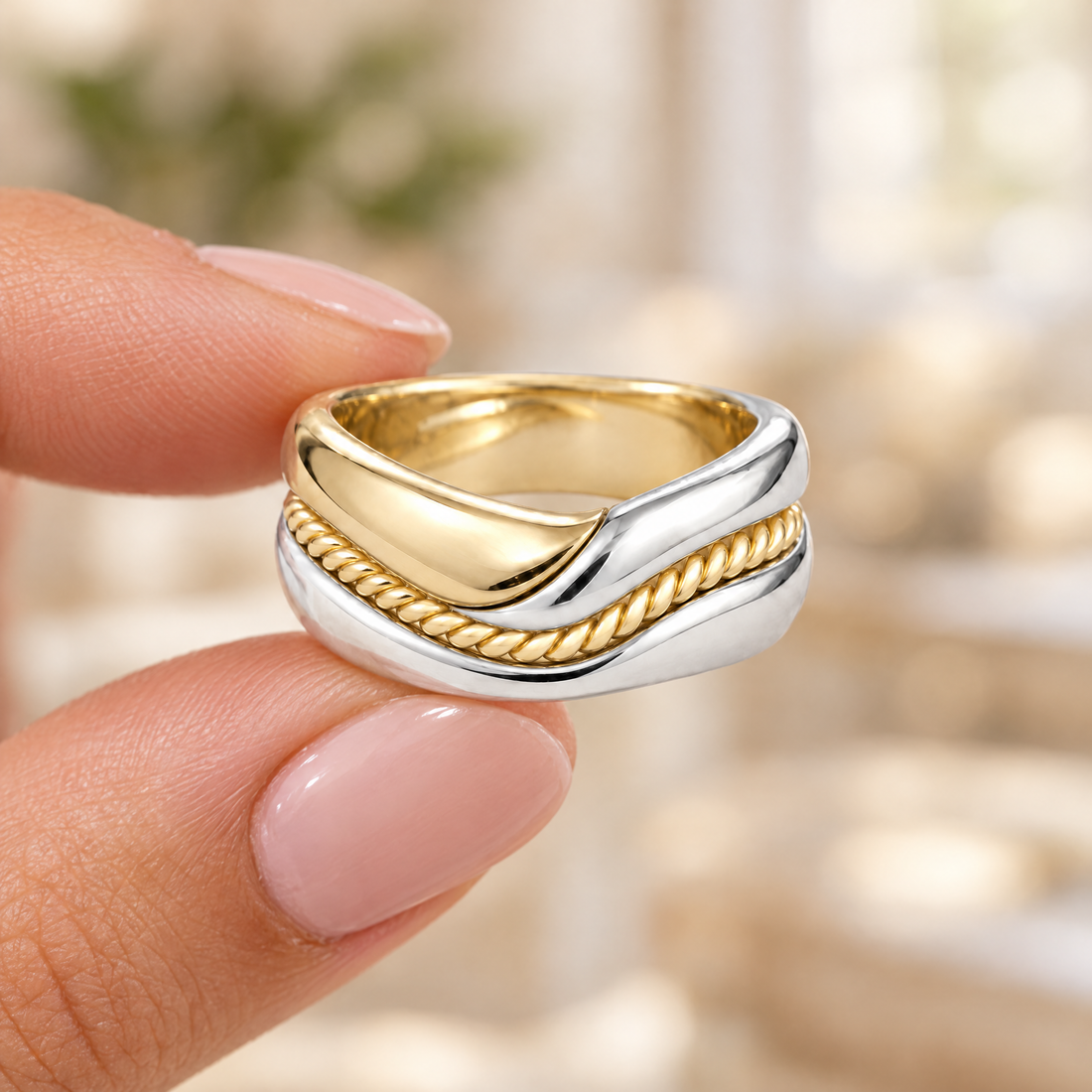 Rope Wave Stack Ring held in fingertips