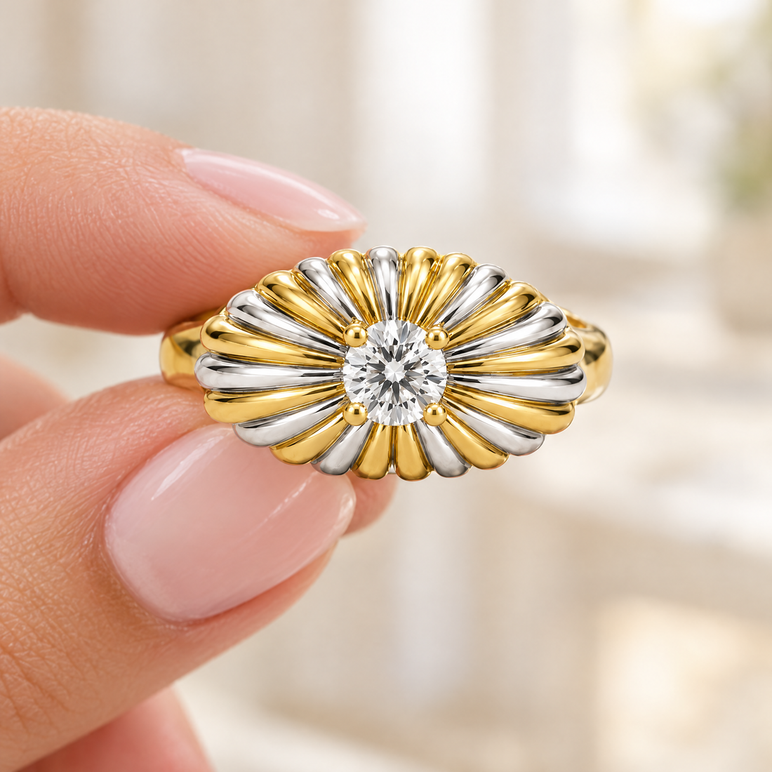 Sunburst Signet Ring held in fingertips